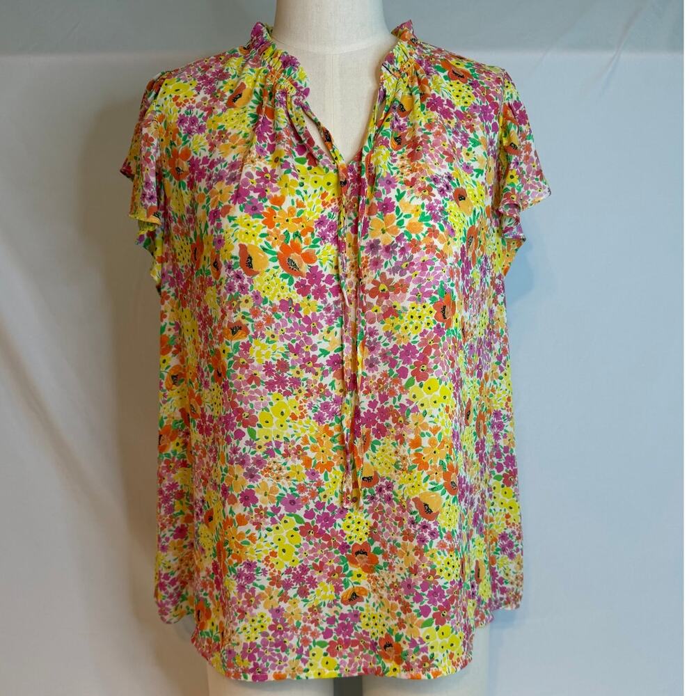 Cynthia Rowley Women's Colorful Floral Short Sleeve Blouse Size 1X